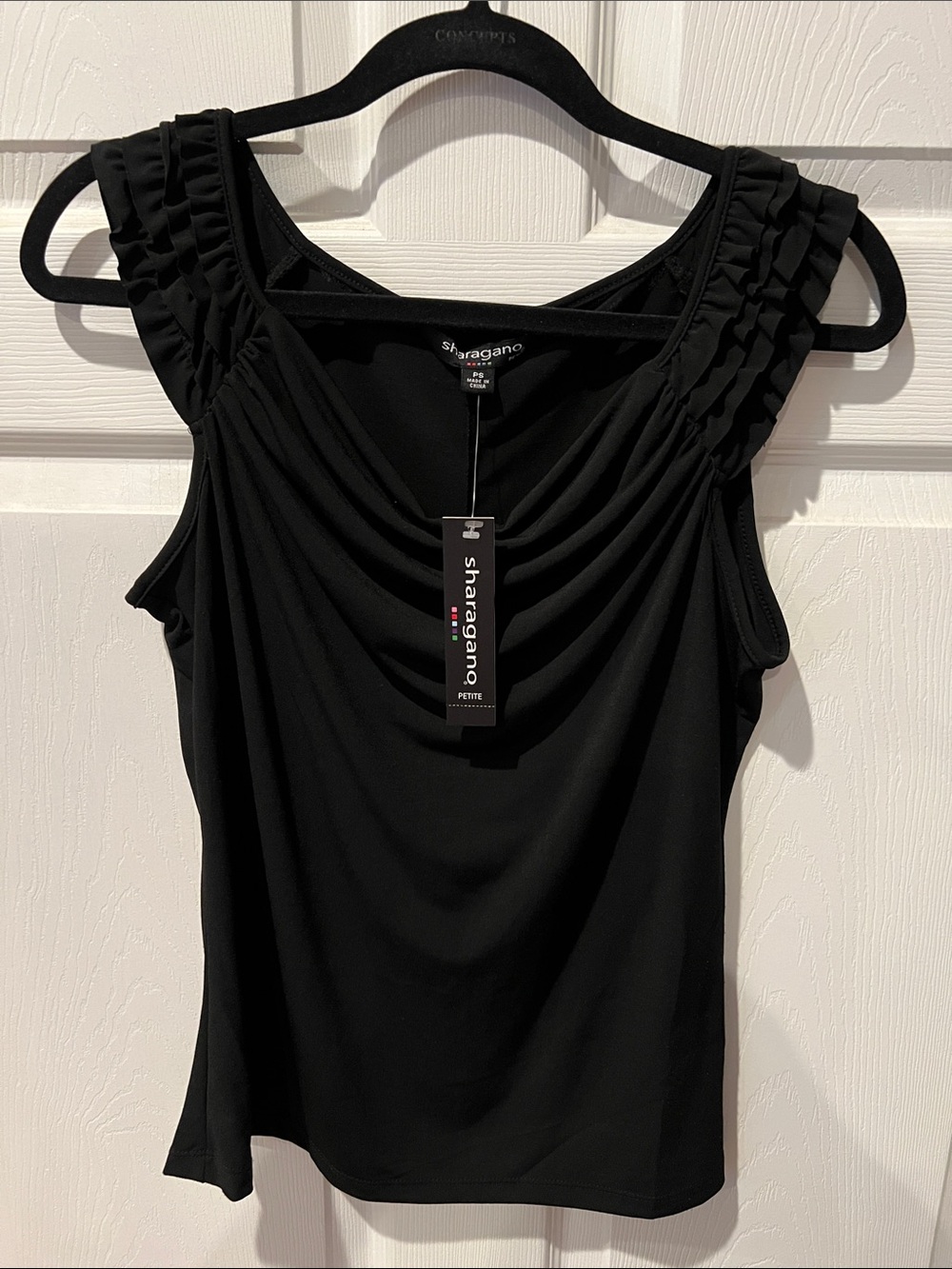 Sharagano Black Ruched Ruffle Sleeve Tank Top